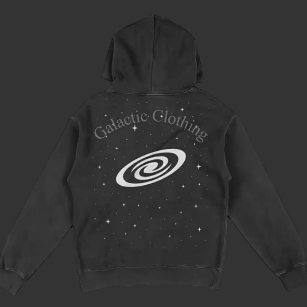 Black hoodie with 'Galactic Clothing' logo on the back against a white background