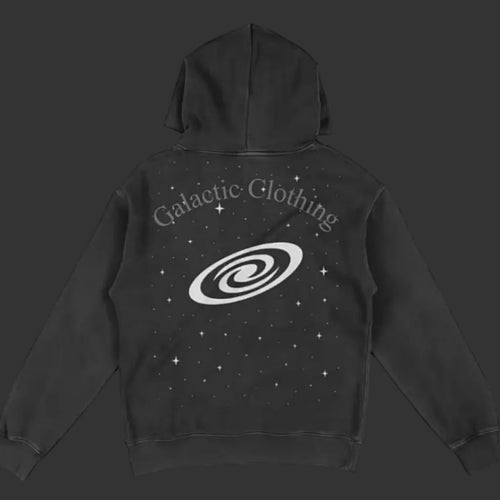 Black hoodie with 'Galactic Clothing' logo on the back against a white background